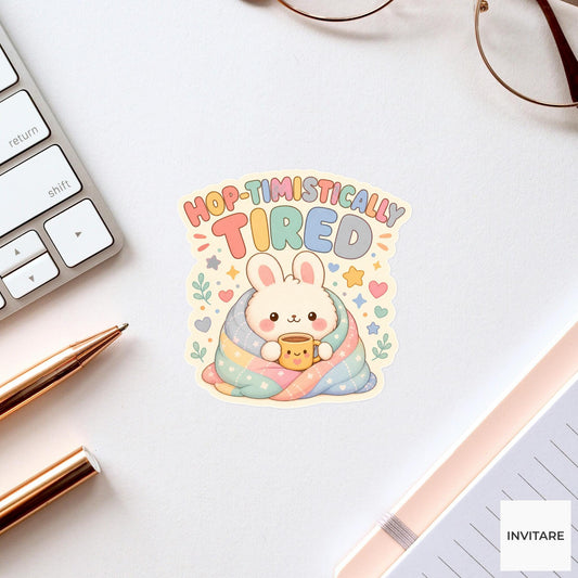 Hop-timistically Tired Sticker, Funny Bunny Nap Pun Laptop Planner Gift for Sleepy Friend