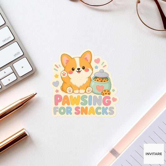 Pawsing for Snacks Sticker, Funny Corgi Snack Pun Laptop Planner Gift for Dog Lover