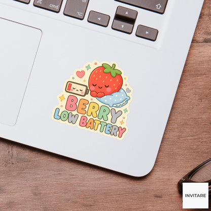 Berry Low Battery Sticker, Funny Strawberry Mood Pun Laptop Planner Gift for Tired Friend