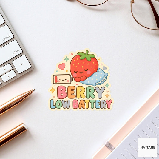 Berry Low Battery Sticker, Funny Strawberry Mood Pun Laptop Planner Gift for Tired Friend