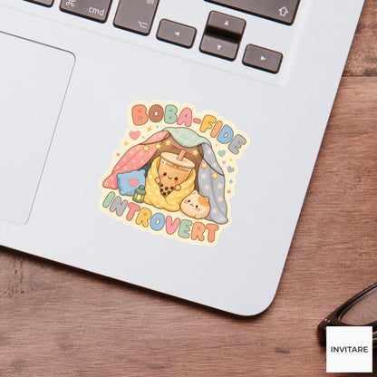 Boba-fide Introvert Sticker, Funny Boba Introvert Pun Laptop Planner Gift for Homebody