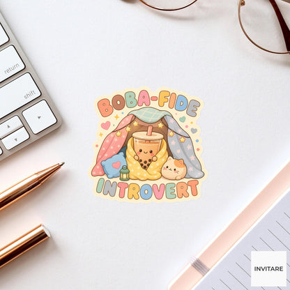 Boba-fide Introvert Sticker, Funny Boba Introvert Pun Laptop Planner Gift for Homebody