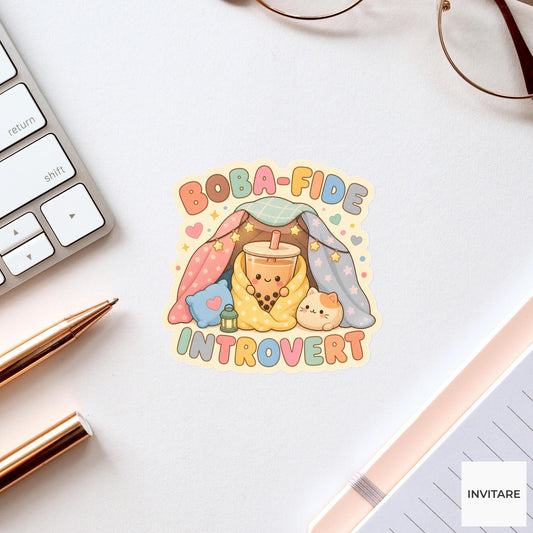 Boba-fide Introvert Sticker, Funny Boba Introvert Pun Laptop Planner Gift for Homebody