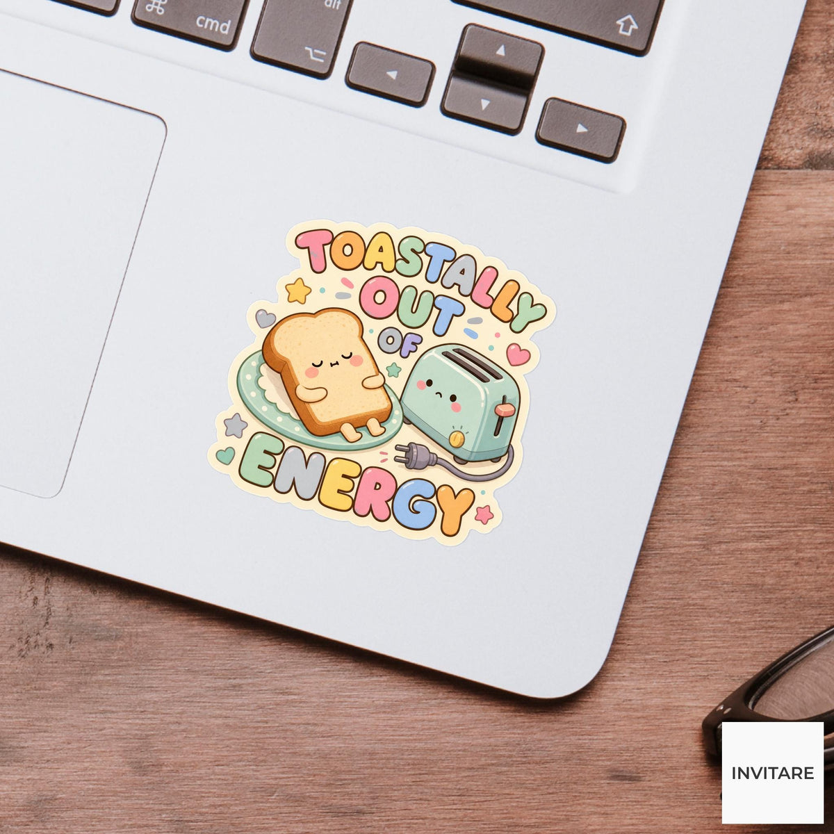Toastally Out of Energy Sticker, Funny Toast Tired Pun Laptop Gift for Morning Person
