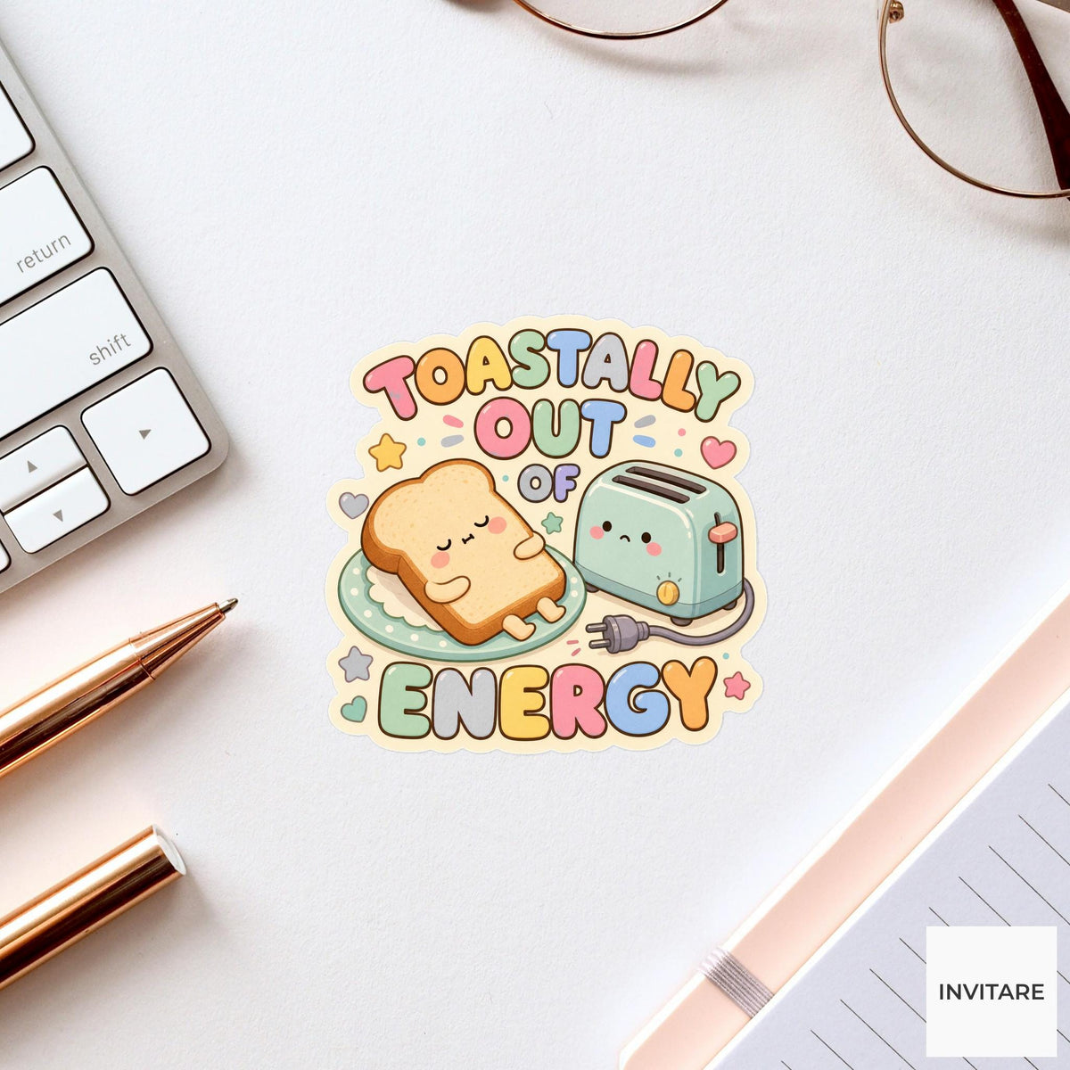 Toastally Out of Energy Sticker, Funny Toast Tired Pun Laptop Gift for Morning Person