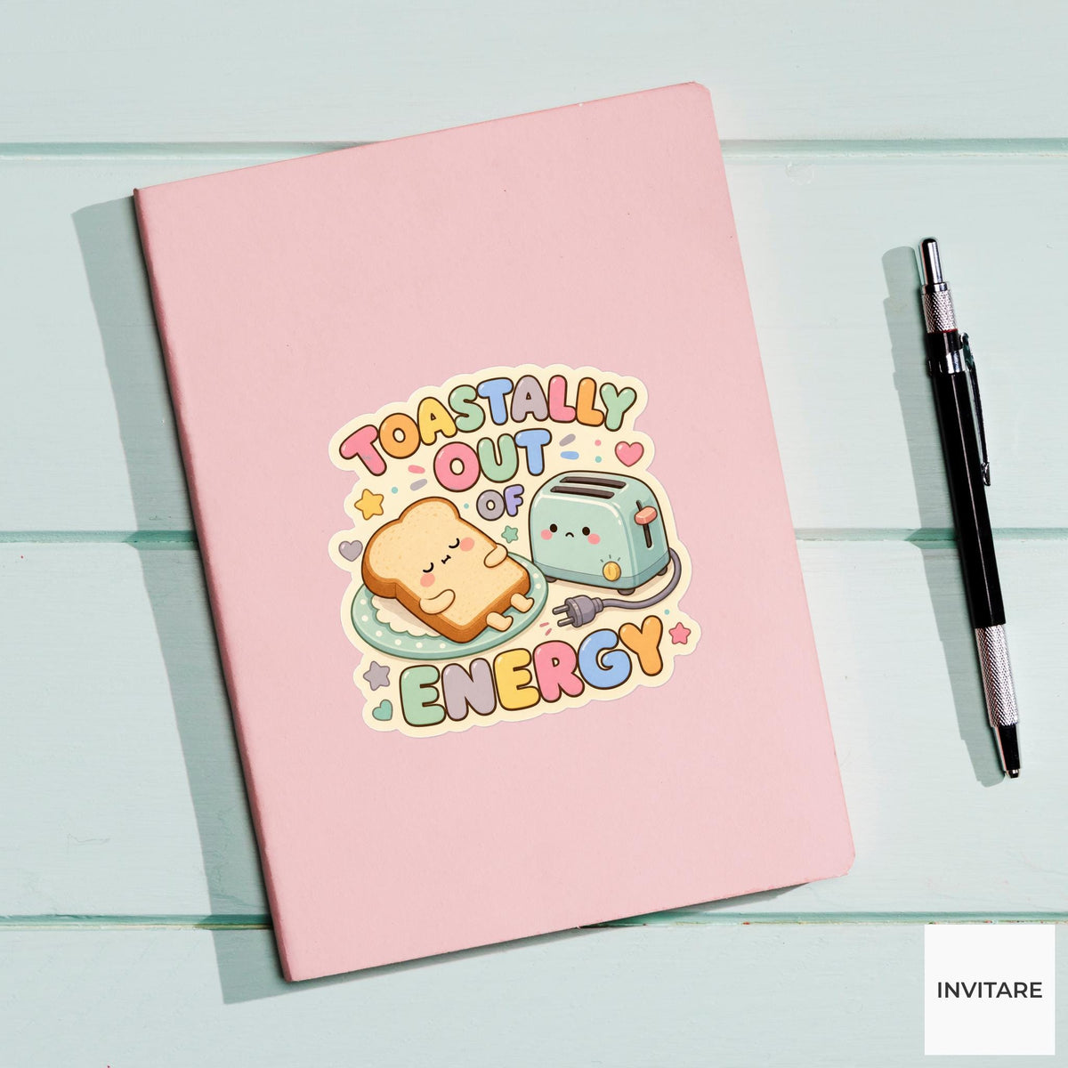 Toastally Out of Energy Sticker, Funny Toast Tired Pun Laptop Gift for Morning Person