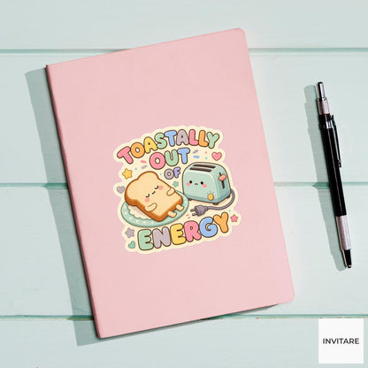 Toastally Out of Energy Sticker, Funny Toast Tired Pun Laptop Gift for Morning Person