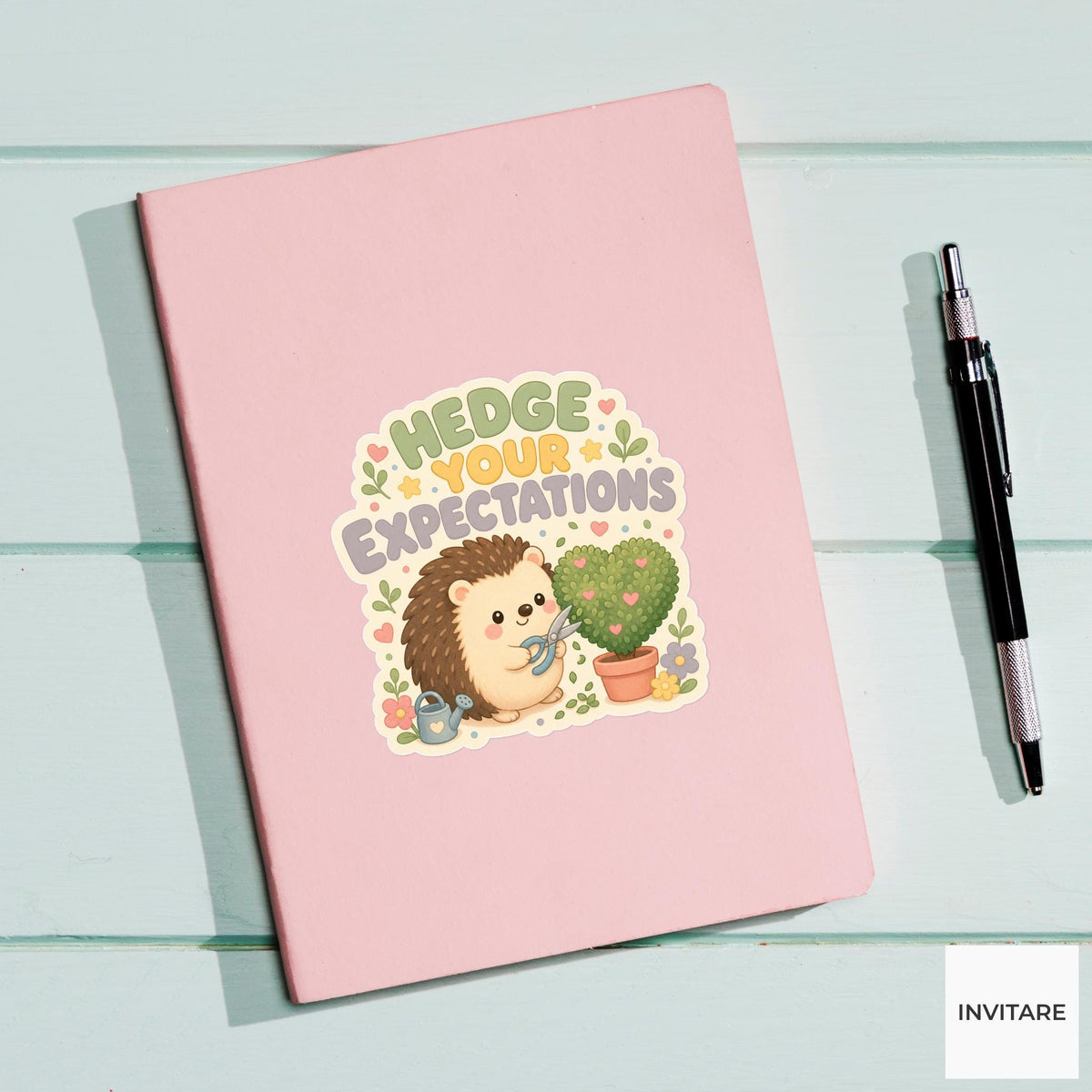 Hedge Your Expectations Sticker, Funny Hedgehog Garden Pun Laptop Planner Gift for Plant Lover
