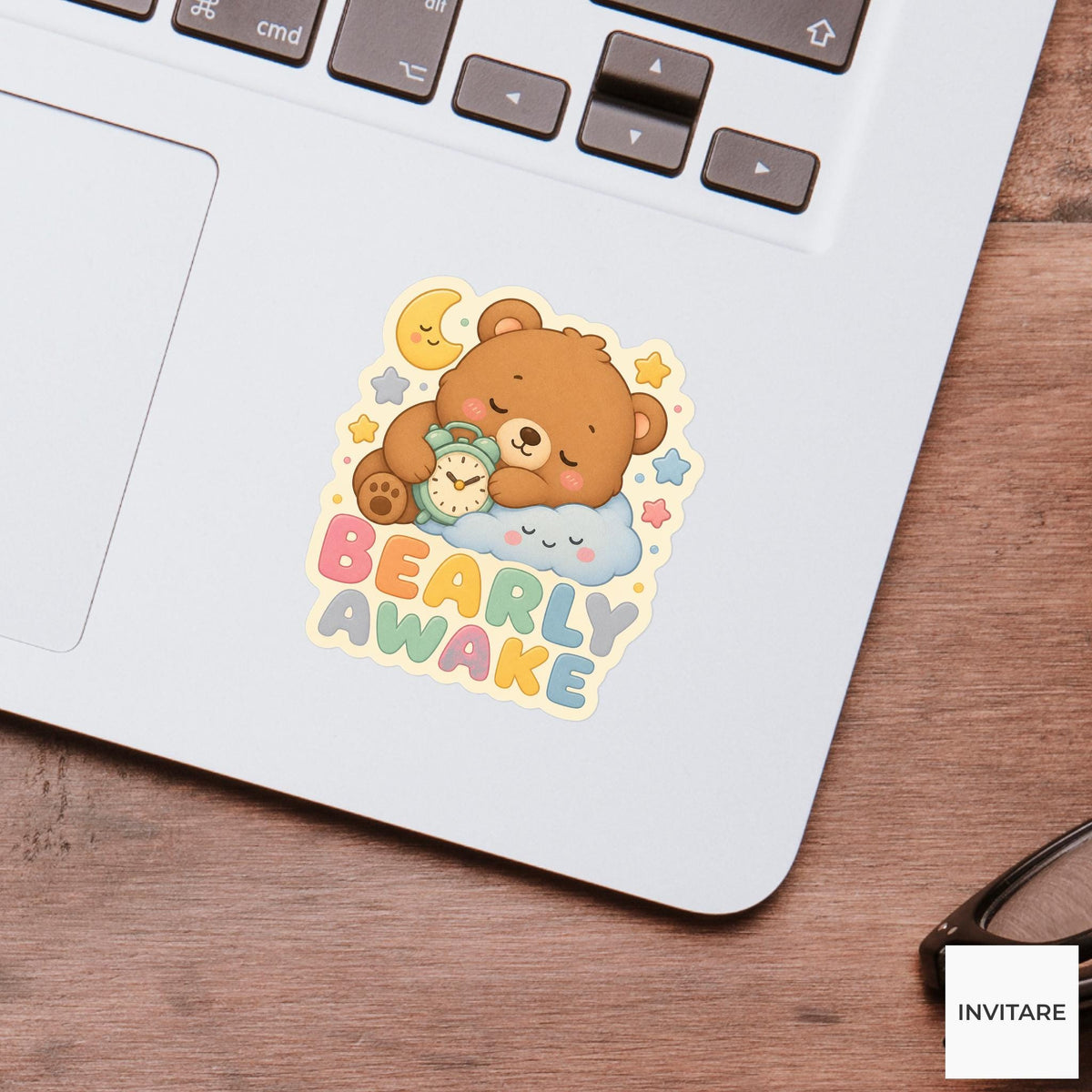 Bearly Awake Sticker, Funny Sleepy Bear Pun Laptop Planner Gift for Tired Friend