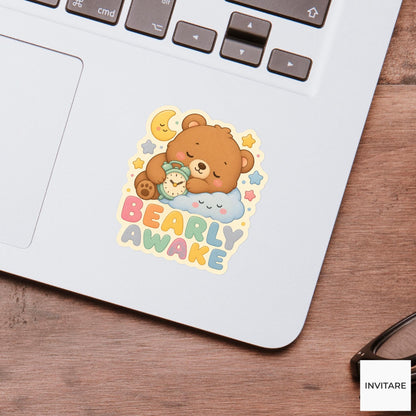 Bearly Awake Sticker, Funny Sleepy Bear Pun Laptop Planner Gift for Tired Friend