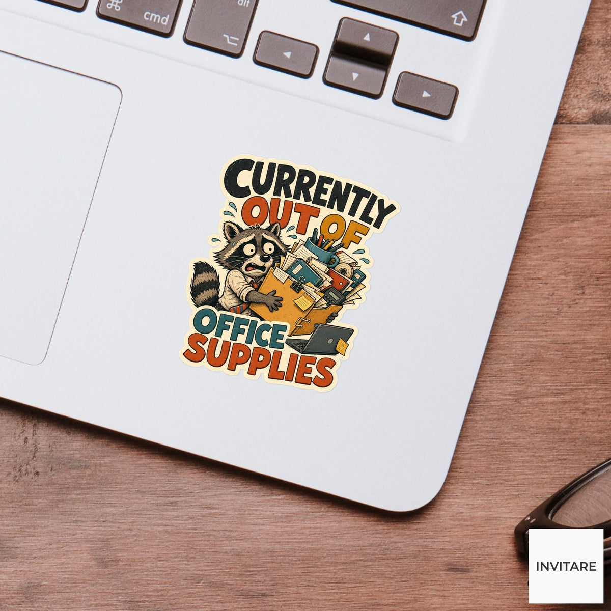 Currently Out of Office Supplies Sticker, Funny Raccoon Office Pun Laptop Gift for Coworker