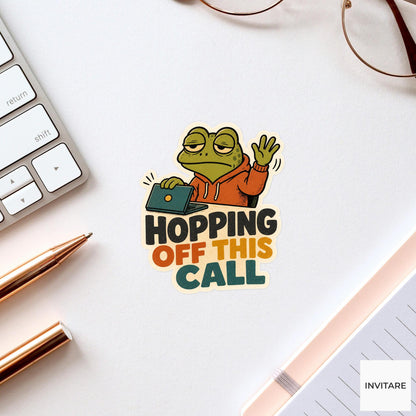Hopping Off This Call Sticker, Funny Frog Meeting Pun Laptop Gift for Remote Worker