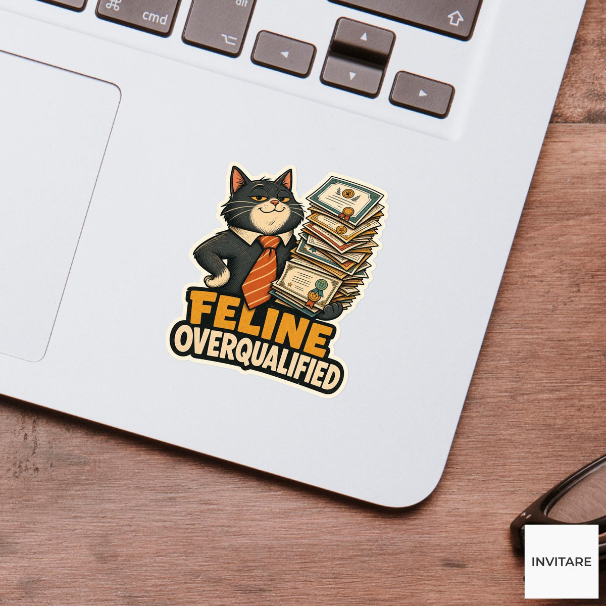 Feline Overqualified Sticker, Funny Office Cat Pun Laptop Planner Gift for Graduate