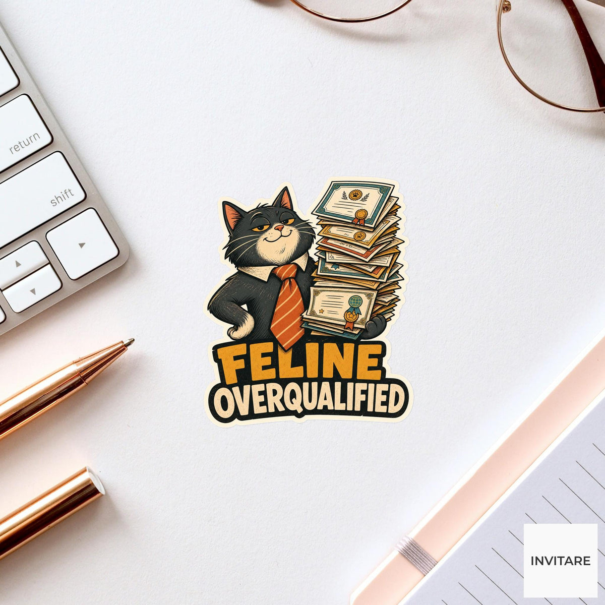 Feline Overqualified Sticker, Funny Office Cat Pun Laptop Planner Gift for Graduate