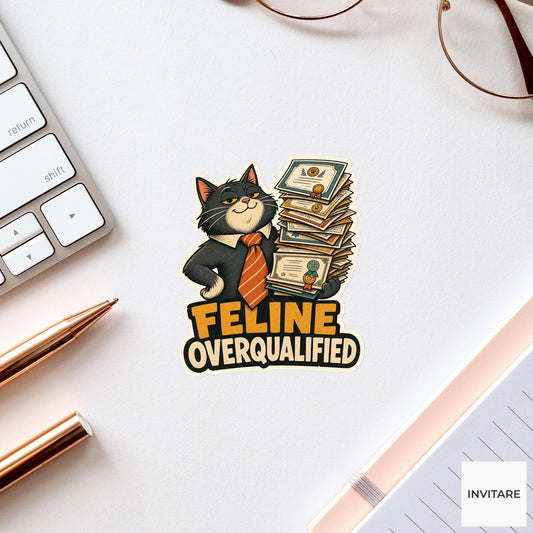Feline Overqualified Sticker, Funny Office Cat Pun Laptop Planner Gift for Graduate