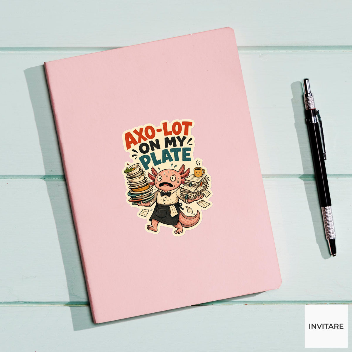 Axo-lot on My Plate Sticker, Funny Axolotl Work Pun Laptop Gift for Overwhelmed Friend