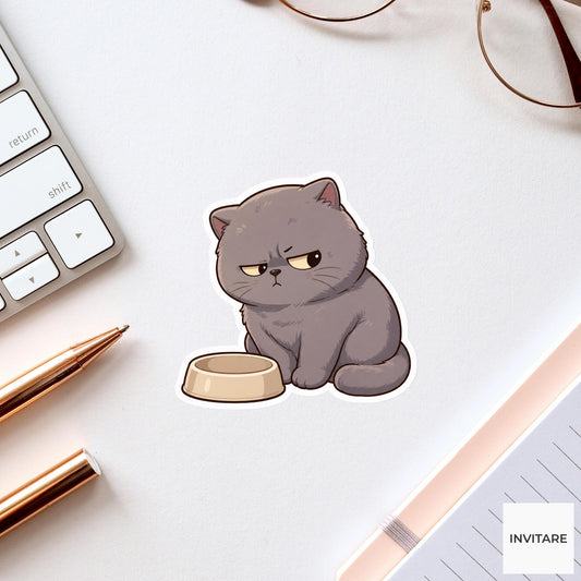 Suspicious British Shorthair Cat Sticker, Funny Empty Bowl Laptop Planner Journal Pet Lover Gift