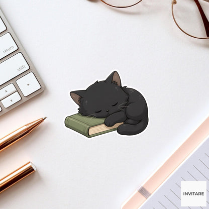 Sleeping Black Cat Book Sticker, Cozy Kawaii Reader Laptop Bottle Planner Journal Gift