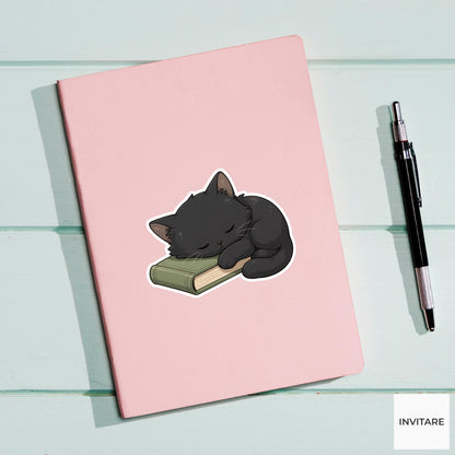 Sleeping Black Cat Book Sticker, Cozy Kawaii Reader Laptop Bottle Planner Journal Gift