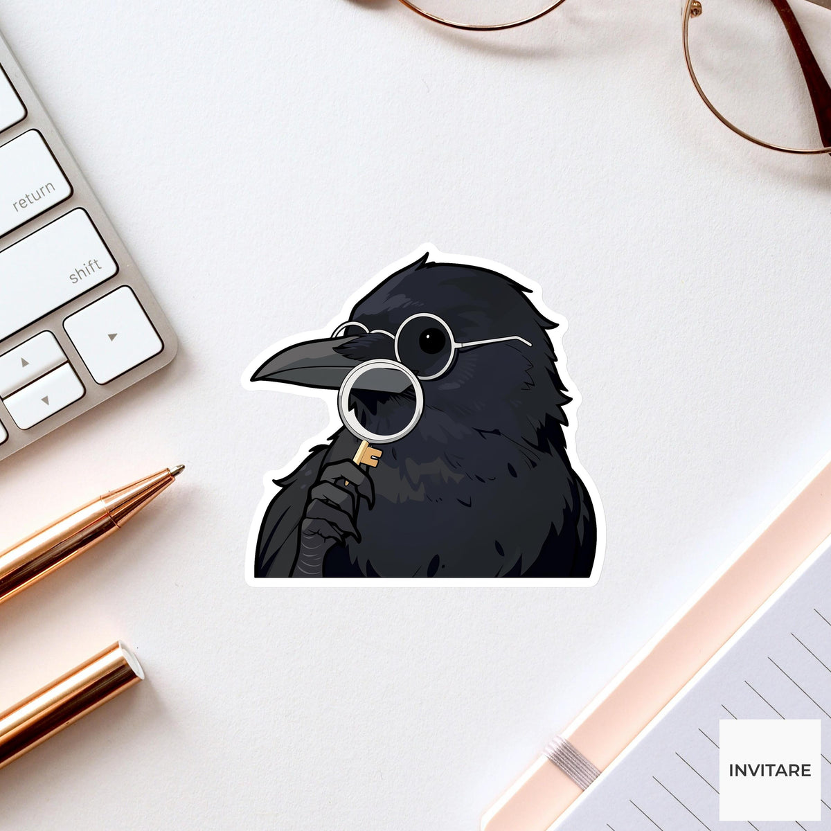 Black Crow Reading Glasses Sticker, Suspicious Key Detective Animal Meme Laptop Water Bottle Decal