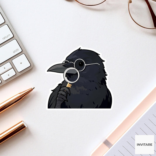 Black Crow Reading Glasses Sticker, Suspicious Key Detective Animal Meme Laptop Water Bottle Decal