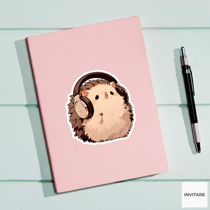 Hedgehog Headphones Sticker, Introvert Concert Funny Animal Music Vinyl Laptop Water Bottle Decal