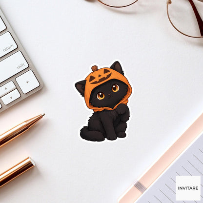 Curious Black Cat Pumpkin Hood Sticker, Cute Kawaii Halloween Laptop Bottle Planner Journal Gift