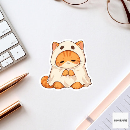 Sleepy Orange Tabby Ghost Sticker, Cute Kawaii Animal Halloween Laptop Bottle Planner Journal Gift