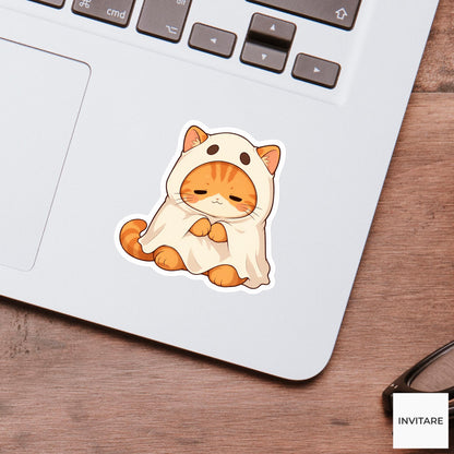 Sleepy Orange Tabby Ghost Sticker, Cute Kawaii Animal Halloween Laptop Bottle Planner Journal Gift