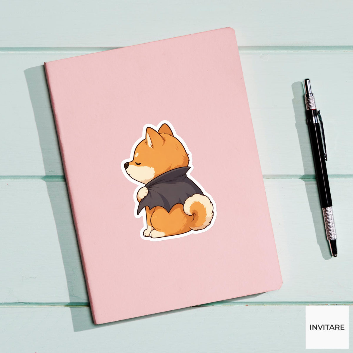 Stubborn Shiba Bat Cape Sticker, Cute Kawaii Animal Halloween Laptop Bottle Planner Journal Gift