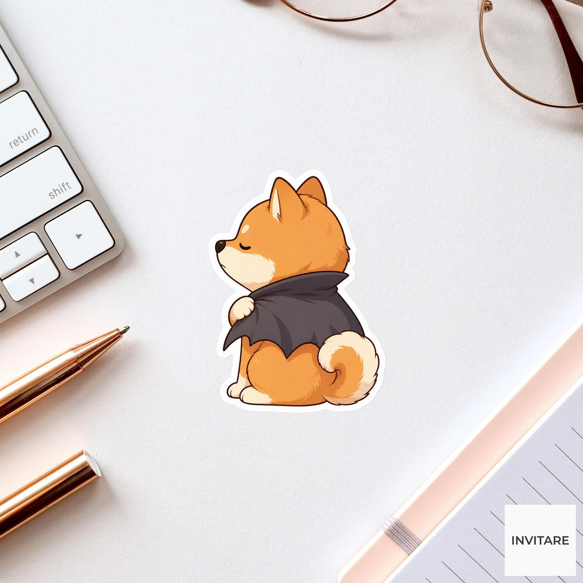 Stubborn Shiba Bat Cape Sticker, Cute Kawaii Animal Halloween Laptop Bottle Planner Journal Gift