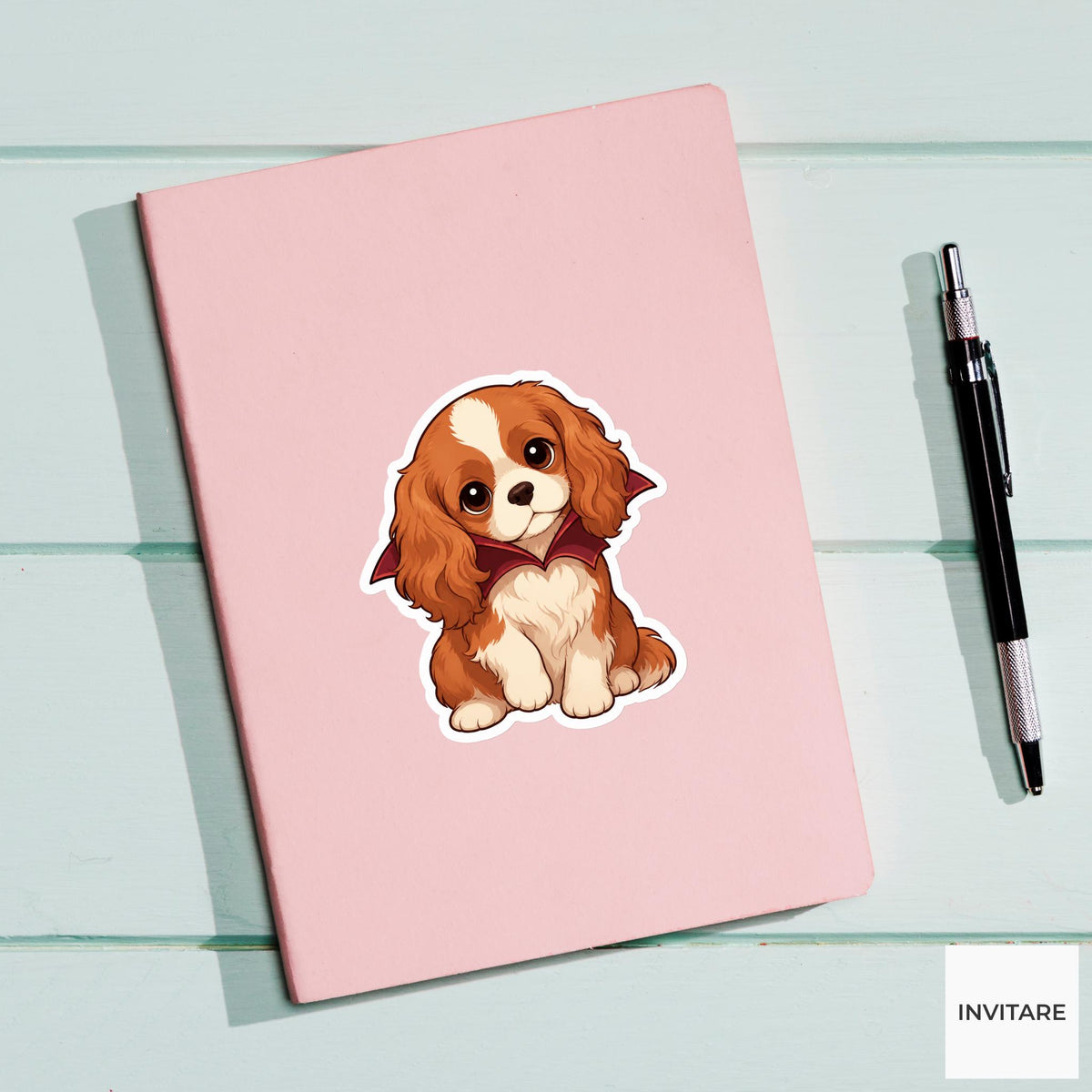 Gentle Cavalier Vampire Collar Sticker, Cute Kawaii Animal Halloween Laptop Bottle Planner Journal Gift