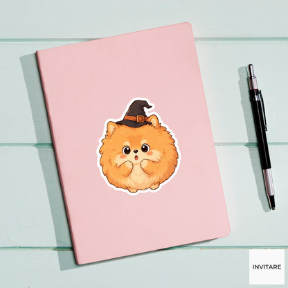 Surprised Pomeranian Witch Hat Sticker, Cute Kawaii Animal Halloween Laptop Bottle Planner Journal Gift