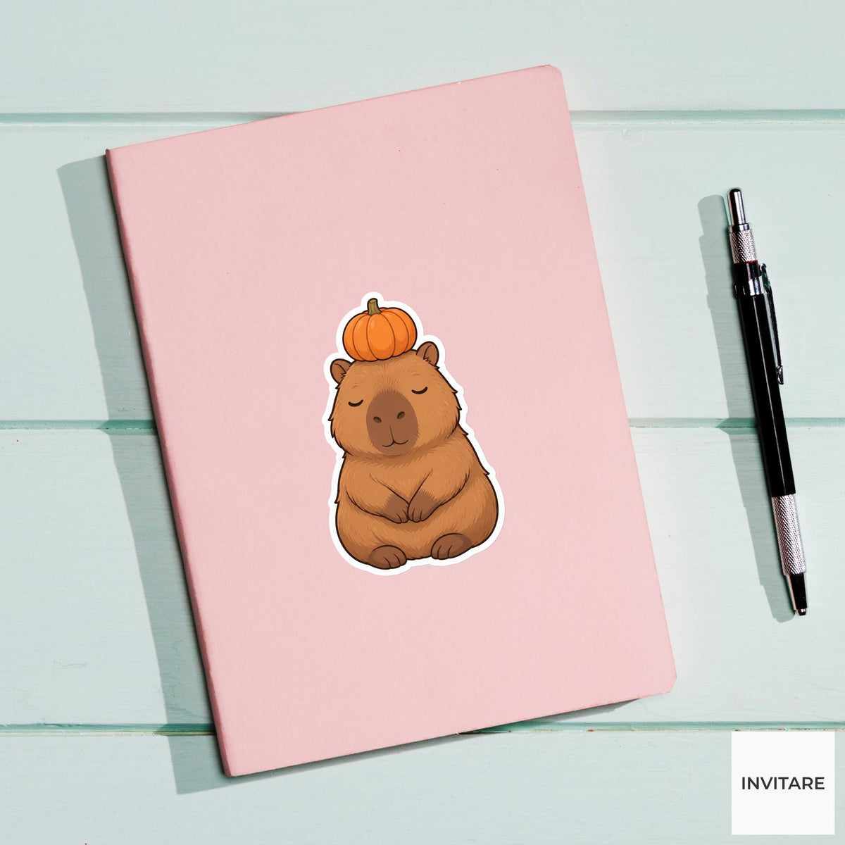 Serene Capybara Pumpkin Hat Sticker, Cute Kawaii Animal Halloween Laptop Bottle Planner Journal Gift