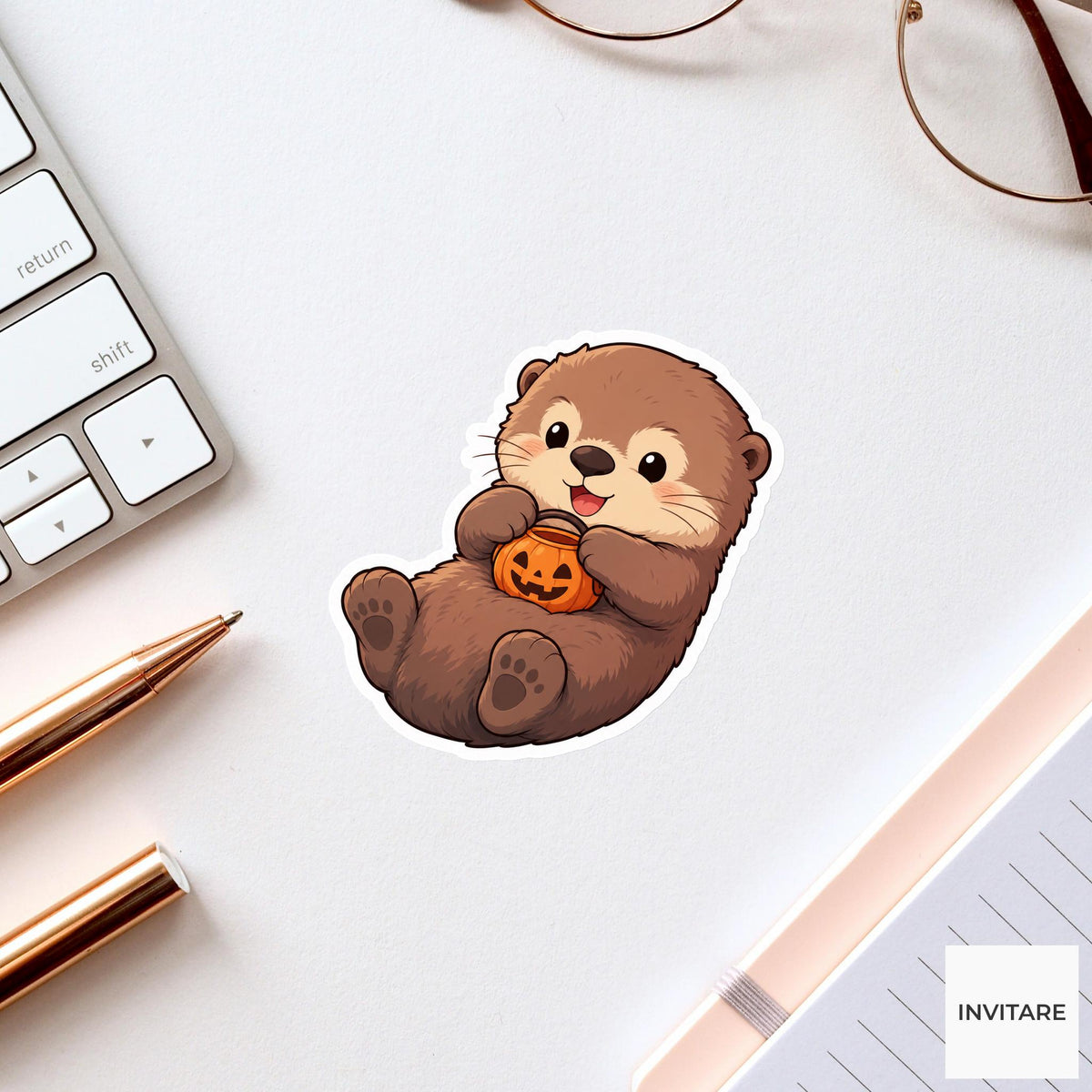 Delighted Sea Otter Candy Bucket Sticker, Cute Kawaii Halloween Laptop Bottle Planner Journal Gift