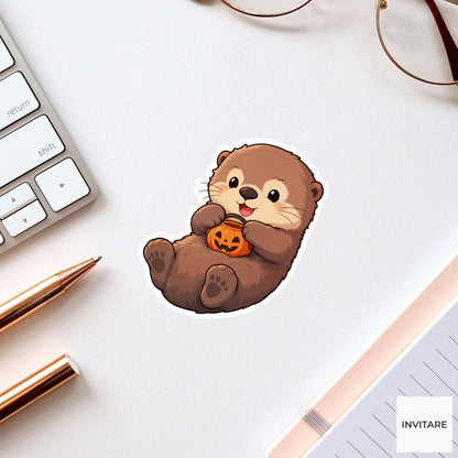 Delighted Sea Otter Candy Bucket Sticker, Cute Kawaii Halloween Laptop Bottle Planner Journal Gift