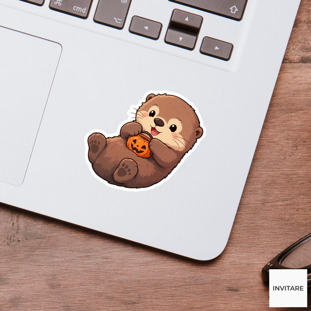 Delighted Sea Otter Candy Bucket Sticker, Cute Kawaii Halloween Laptop Bottle Planner Journal Gift