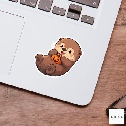 Delighted Sea Otter Candy Bucket Sticker, Cute Kawaii Halloween Laptop Bottle Planner Journal Gift
