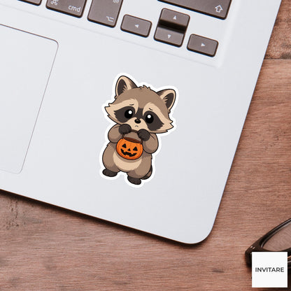 Guilty Raccoon Pumpkin Bucket Sticker, Cute Kawaii Animal Halloween Laptop Bottle Planner Journal Gift
