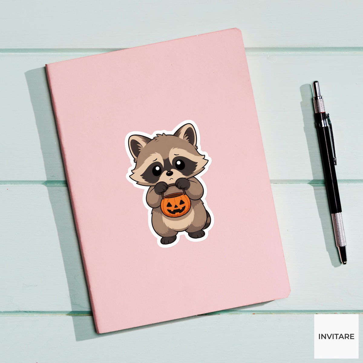 Guilty Raccoon Pumpkin Bucket Sticker, Cute Kawaii Animal Halloween Laptop Bottle Planner Journal Gift