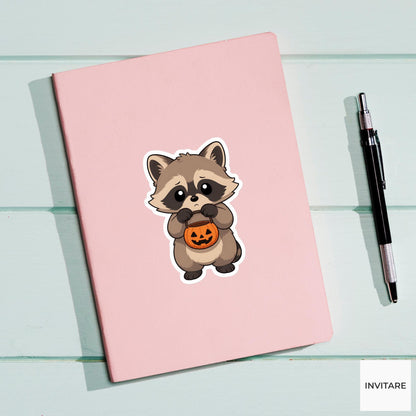 Guilty Raccoon Pumpkin Bucket Sticker, Cute Kawaii Animal Halloween Laptop Bottle Planner Journal Gift