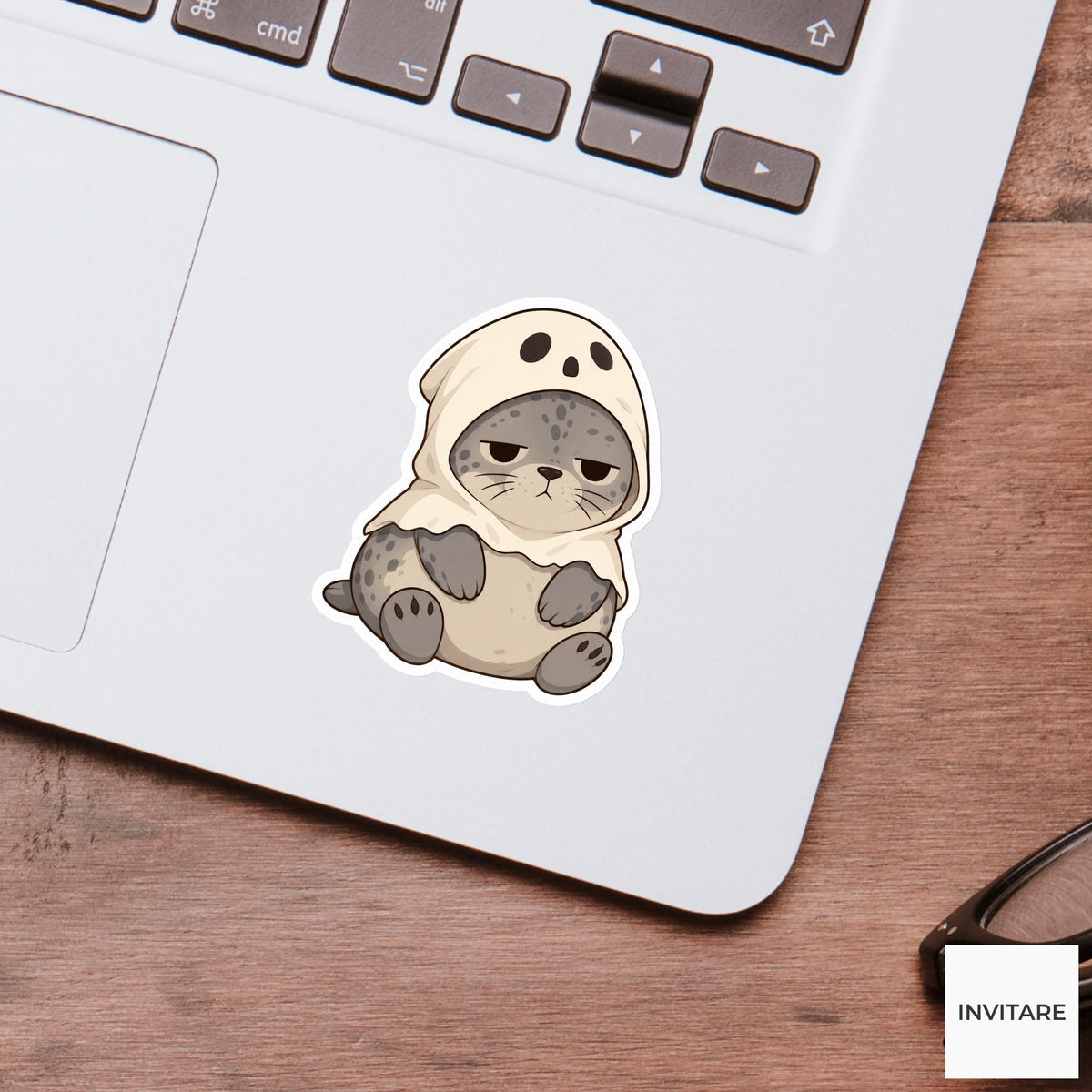 Unimpressed Harbor Seal Ghost Hood Sticker, Cute Kawaii Halloween Laptop Bottle Planner Journal Gift