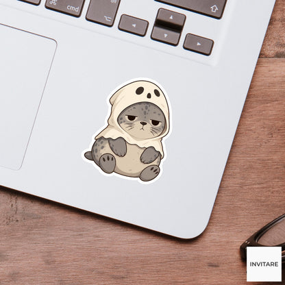 Unimpressed Harbor Seal Ghost Hood Sticker, Cute Kawaii Halloween Laptop Bottle Planner Journal Gift