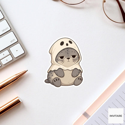 Unimpressed Harbor Seal Ghost Hood Sticker, Cute Kawaii Halloween Laptop Bottle Planner Journal Gift