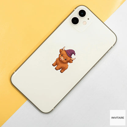 Cheerful Highland Cow Witch Hat Sticker, Cute Kawaii Halloween Laptop Bottle Planner Journal Gift