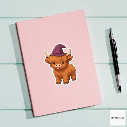 Cheerful Highland Cow Witch Hat Sticker, Cute Kawaii Halloween Laptop Bottle Planner Journal Gift