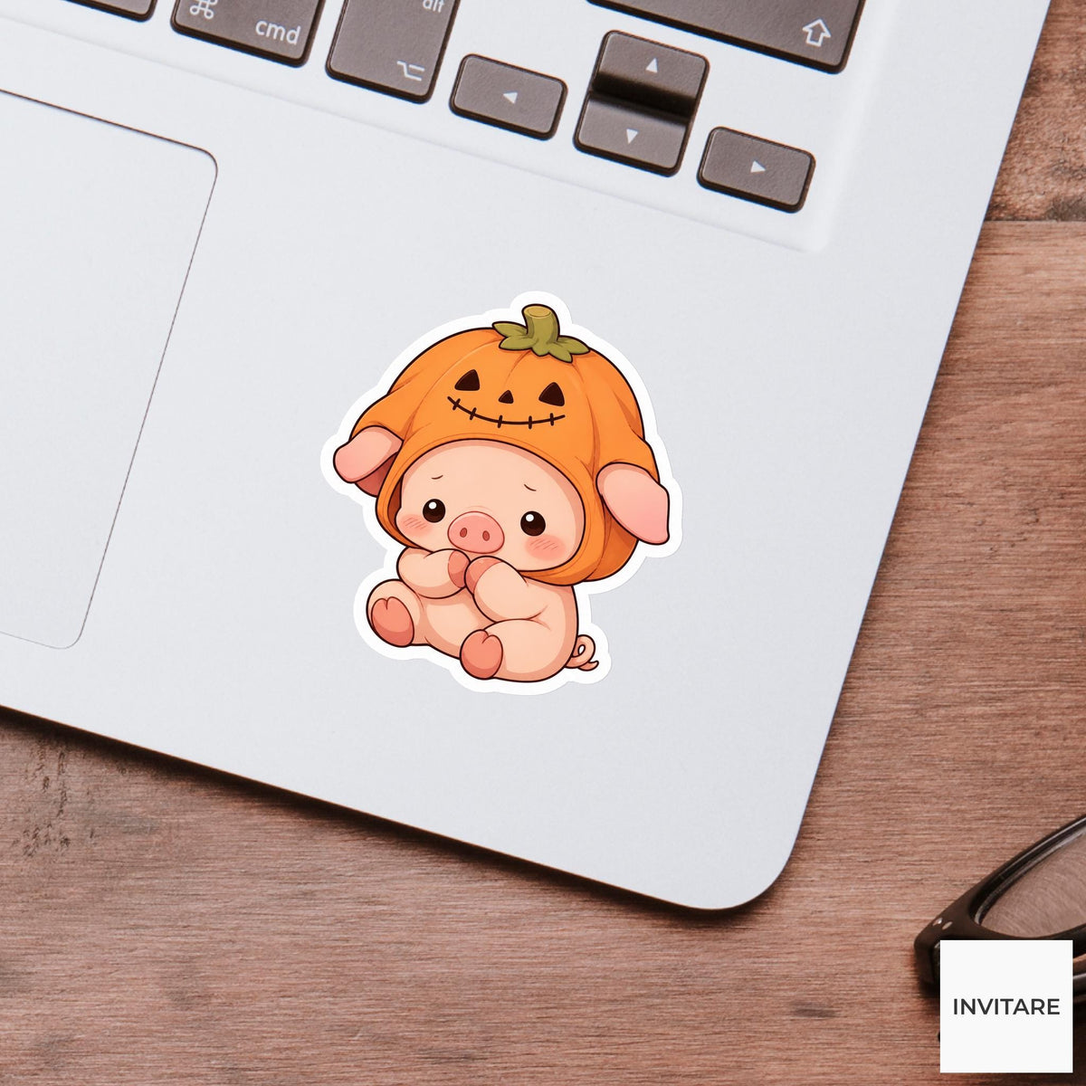 Bashful Piglet Pumpkin Hood Sticker, Cute Kawaii Animal Halloween Laptop Bottle Planner Journal Gift