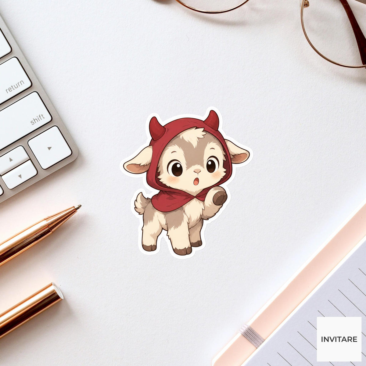 Surprised Baby Goat Devil Hood Sticker, Cute Kawaii Halloween Laptop Bottle Planner Journal Gift