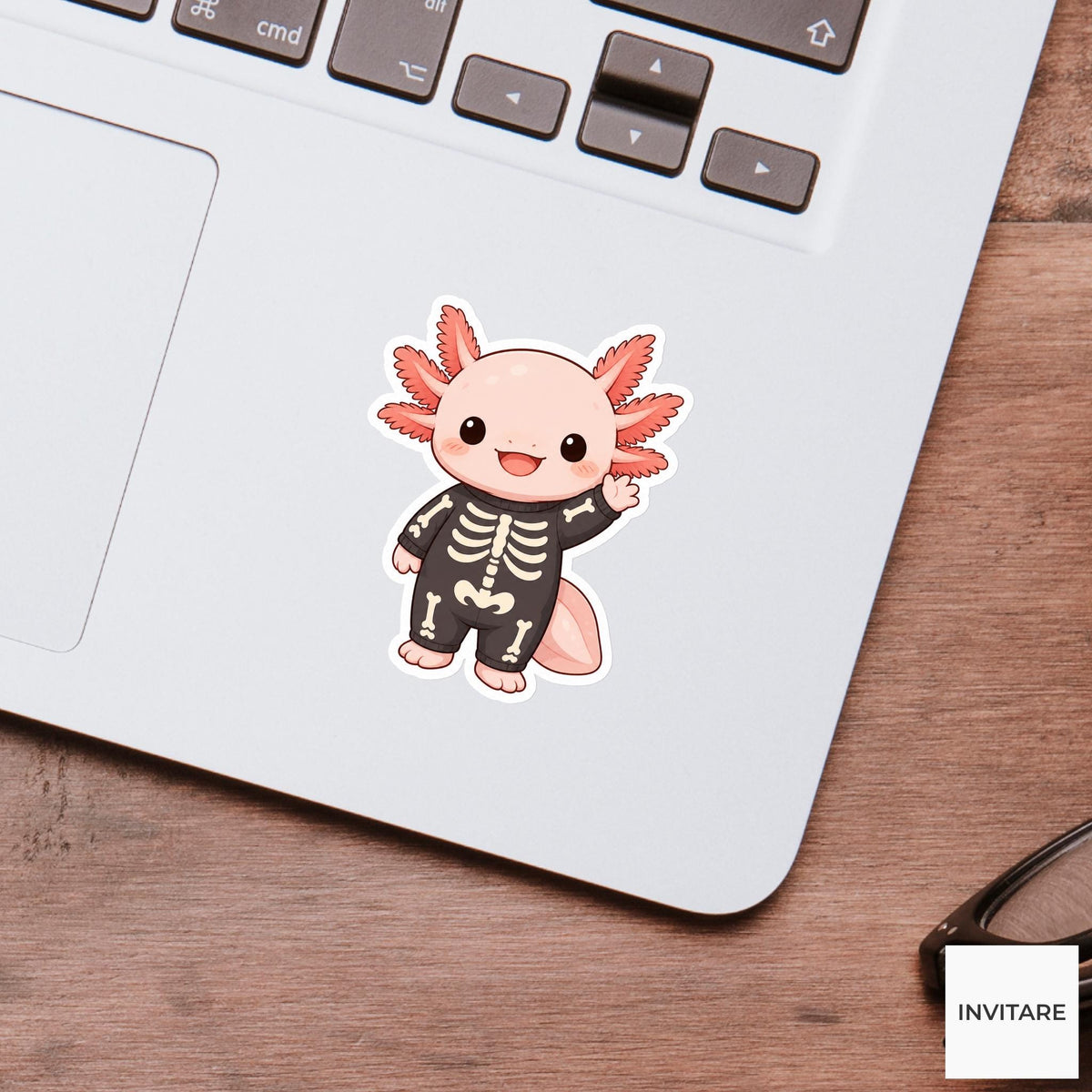 Waving Axolotl Skeleton Costume Sticker, Cute Kawaii Animal Halloween Laptop Bottle Planner Journal Gift