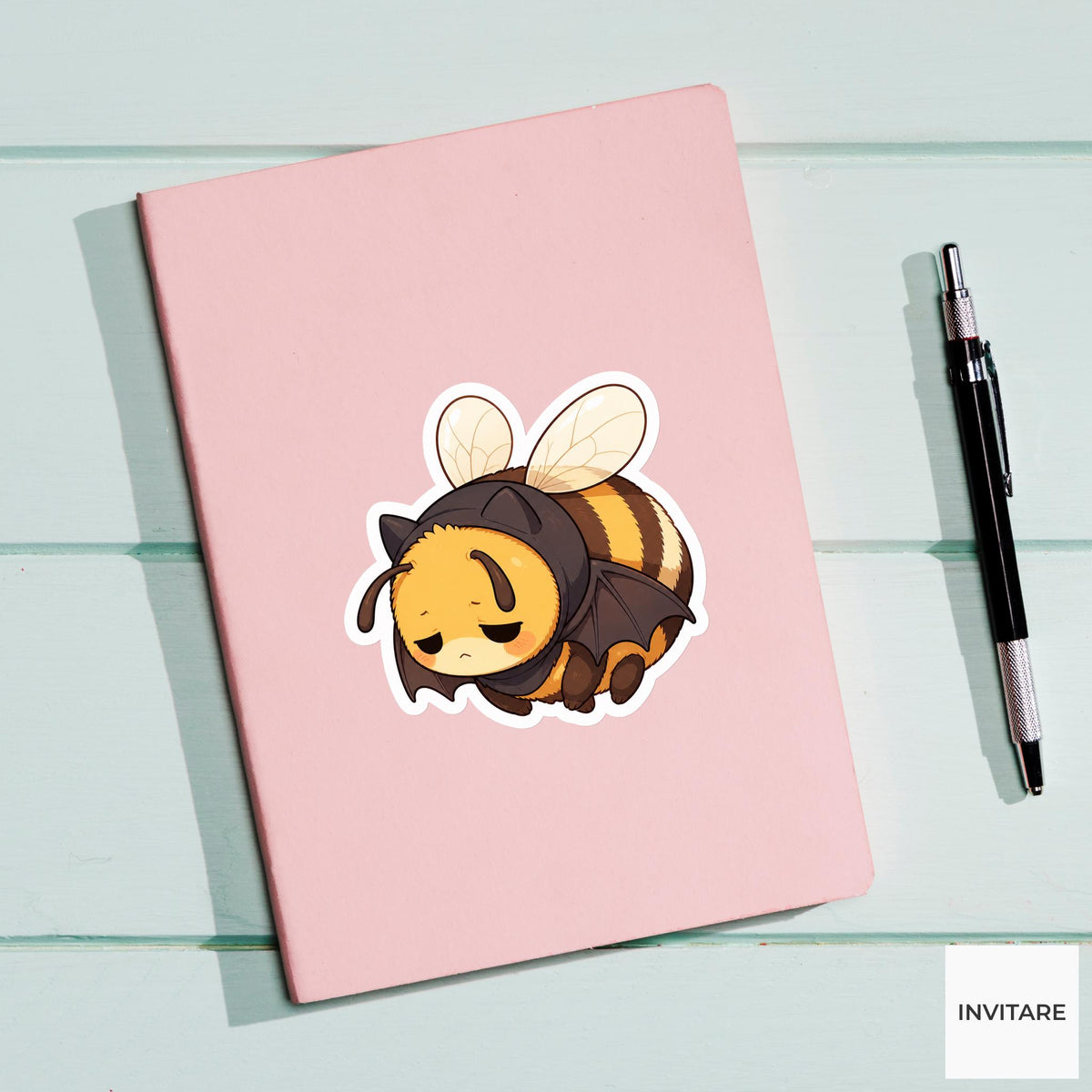 Exhausted Bumblebee Bat Costume Sticker, Cute Kawaii Animal Halloween Laptop Bottle Planner Journal Gift